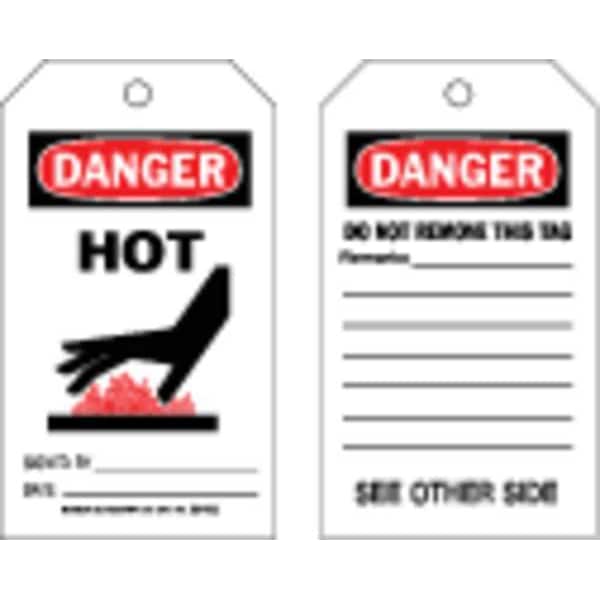 Brady Danger Tag, Hot, Polyester, 7 in H x 4 in W, Black, Red, White, Rectangle, 10 PK - 86596