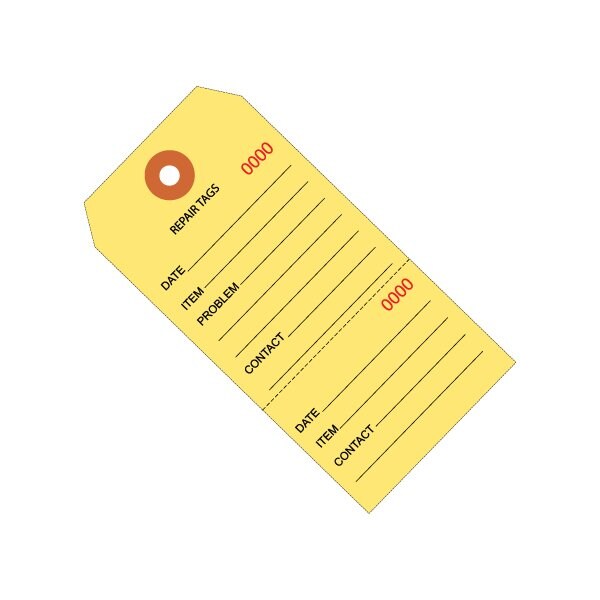 Bsc Preferred 6 1/4 x 3 1/8'' Yellow RePairs Tags Consecutively Numbered, 1000PK - BUY00015839