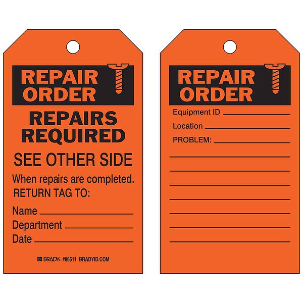 Brady Tag, Maintenance, Heavy Duty Polyester, 7 in H x 4 in W, Black on Orange, Rectangle, 10 PK - 86511