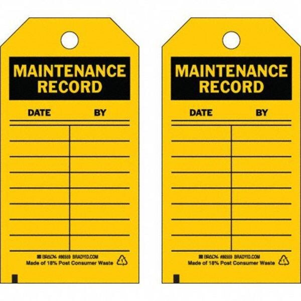 Zoro Select Tag, Maintenance, Polyester, 5 3/4 in H x 3 in W, Yellow, Rectangle, 10 PK - 8CW45