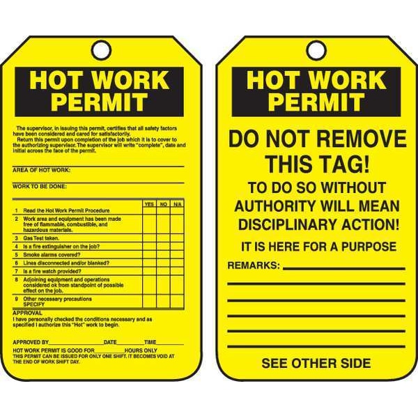 Accuform Permit Tag, Confined Space, Plastic, 5 3/4 in H x 3 1/4 in W, Yellow, Rectangle, 25 PK - TCS361PTP