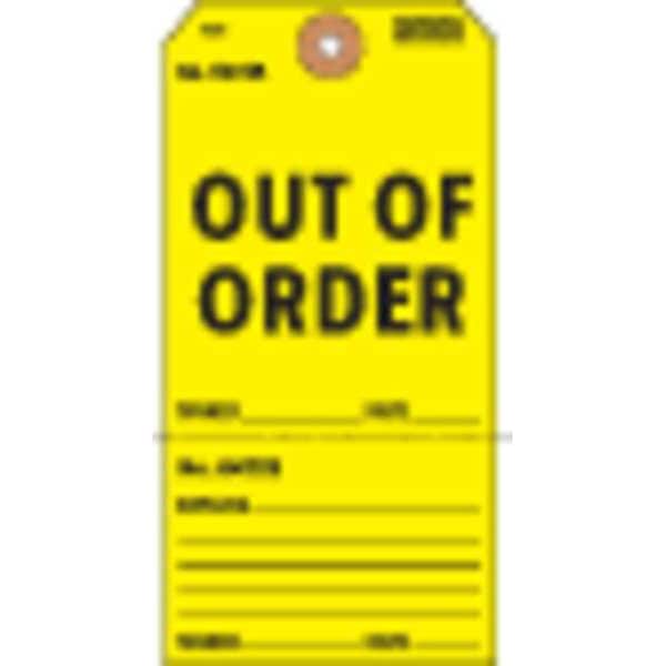 Electromark Tag, Out of Order, Cardstock, 5 3/4 in H x 2 7/8 in W, Yellow, Rectangle, 100 PK - Y625856