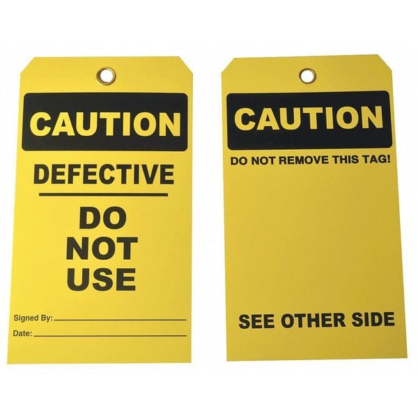Zoro Select Tag, Caution, Cardstock, 7 in H x 4 in W, Yellow, Rectangle, 25 PK - 3XCA3