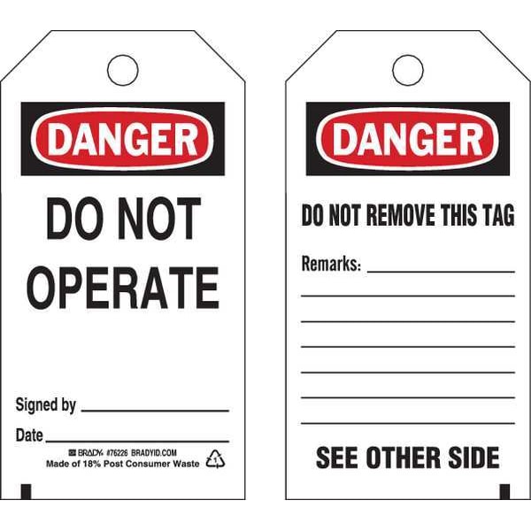Brady Danger Tag, Polyester, 5 1/2 in H x 3 in W, Rectangle, 25 PK - 76226