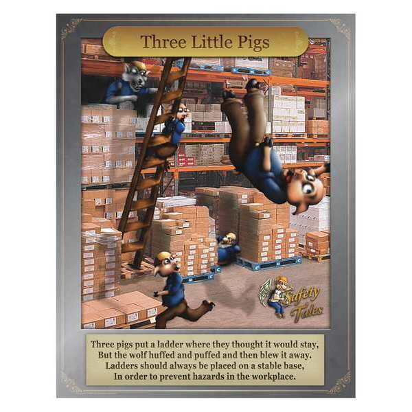 Mancomm Safety Poster, Three Little Pigs - Ladder Safety, Paper, 16 in W, 12 in H - 31P-203-02