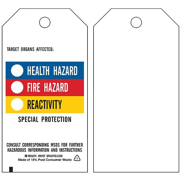 Brady Tag, Chemical Hazard, Polyester, 3 in W, 5 3/4 in H - 99107