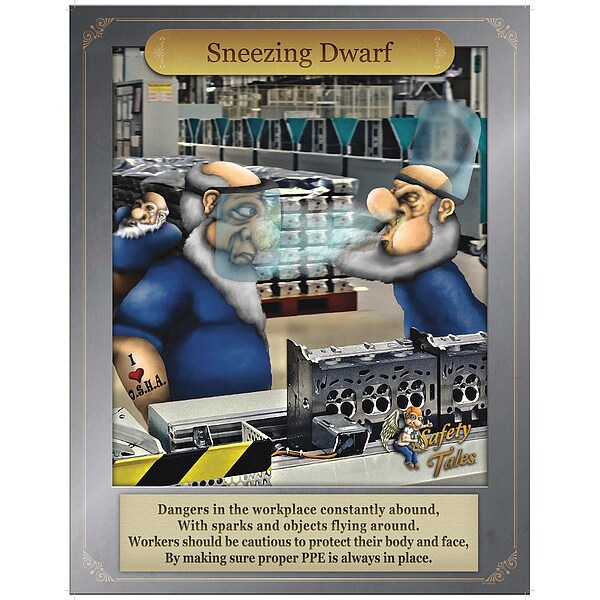 Mancomm Safety Poster, Sneezing Dwarf - PPE, Paper, 16 in W, 12 in H - 31P-205-02