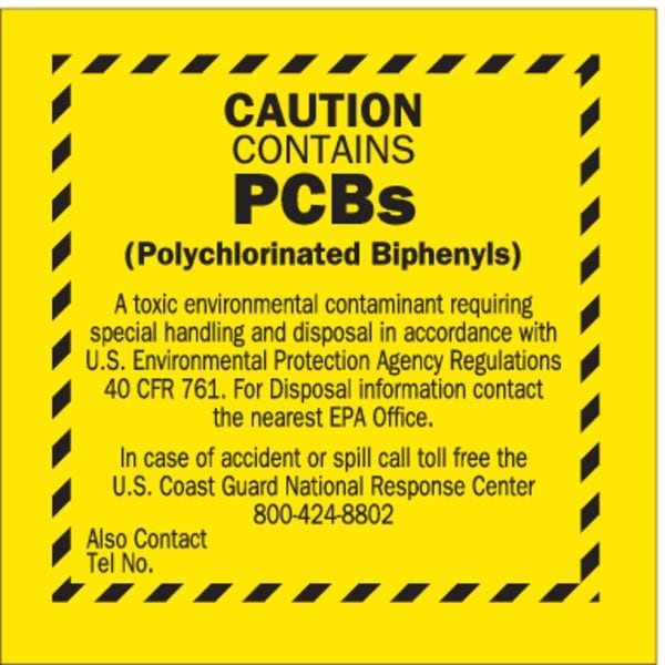 Brady DOT Handling Label, Caution Contains PCBs¿ etc., Vinyl, 6" W, 6" H - 87028
