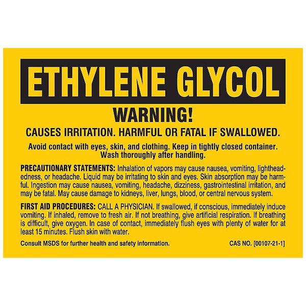 Brady Label, ETHYLENE GLYCOL, Polyester, 5 in W, 3 1/2 in H - 7264QLS