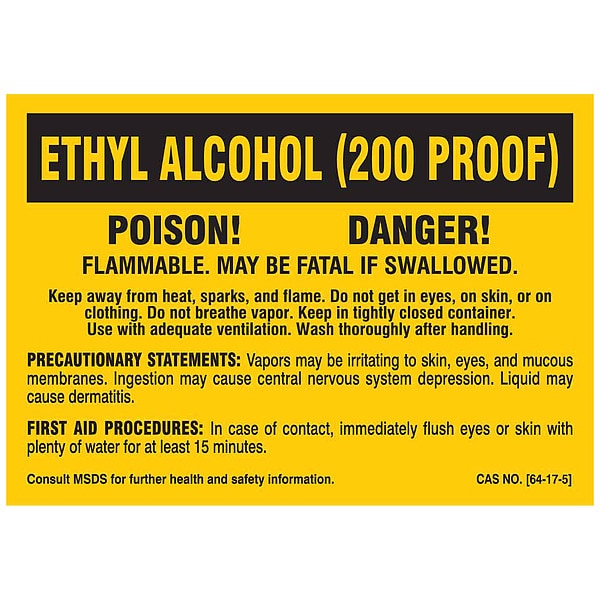 Brady Label, ETHYL ALCOHOL (200 PROOF), Polyester, 5 in W, 3 1/2 in H - 7261QLS