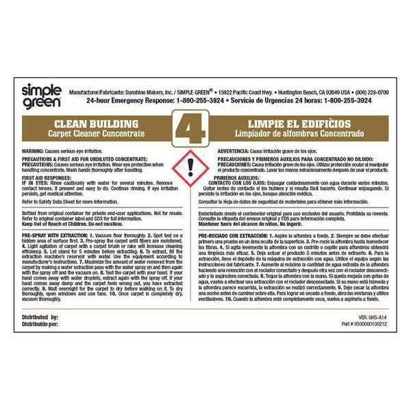 Simple Green Secondary Bottle Label, Simple Green Clean Building Carpet Cleaner Concentrate 4, Paper, 6 in W - 9510001000212