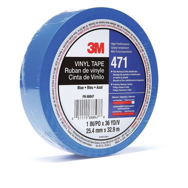 3M Floor Marking Tape, vinyl, No Legend, Blue, 1 in W., 5.2 mil Thickness - 471