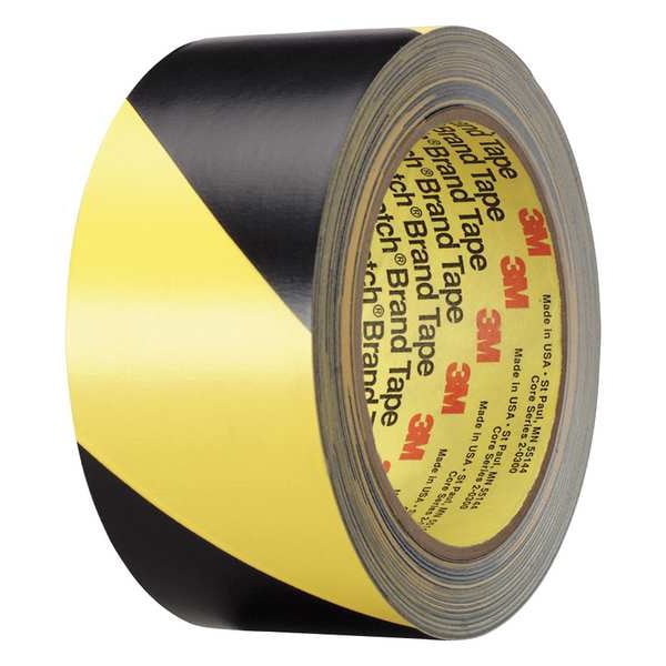 3M Floor Marking Tape, Vinyl, Striped, Black, Yellow, 2 in W., 5.4 mil Thickness - 5702