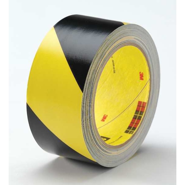 3M Floor Marking Tape, Vinyl, Striped, Black, Yellow, 2 in W., 5.4 mil Thickness - 5702