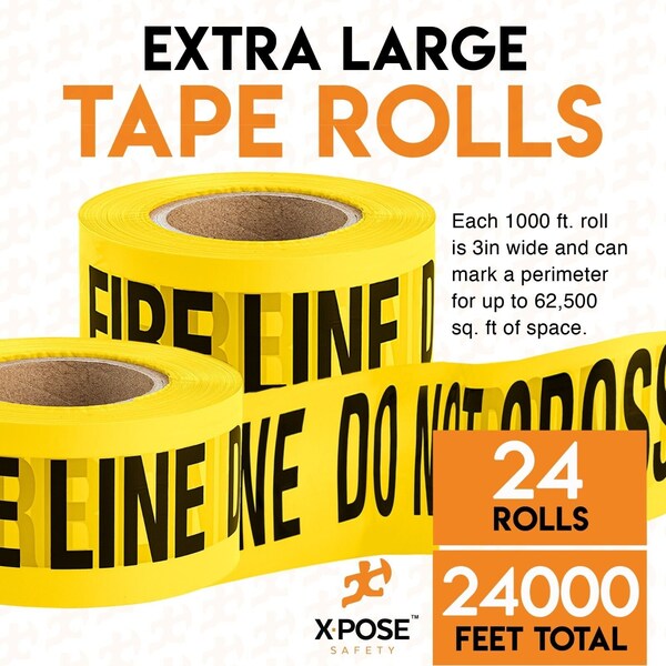 Xpose Safety Caution Tape, PVC, Fire Line Do Not Enter, Yellow, 3 in W., 1000 ft L., 24 PK - PFLT-24-X