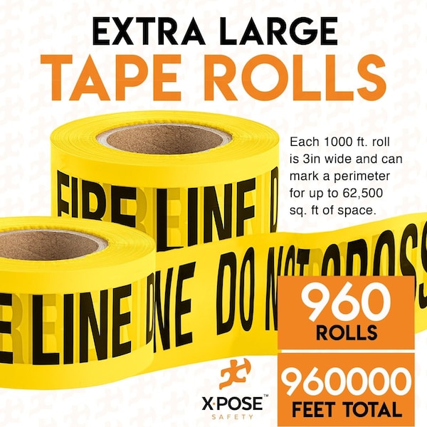 Xpose Safety Caution Tape, PVC, Fire Line Do Not Enter, Yellow, 3 in W., 1000 ft L., 960 PK - PFLT-FP960-X