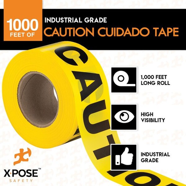 Xpose Safety Caution Tape, PVC, Caution/Cuidado, Yellow, 3 in W., 1000 ft L., 960 PK - PCCT-FP960-X