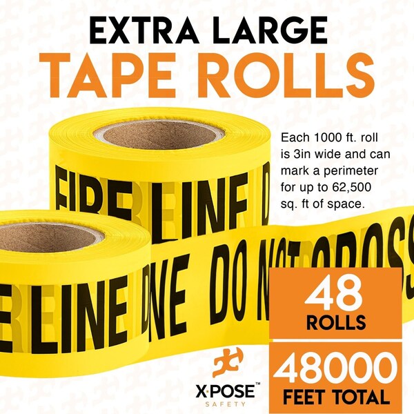 Xpose Safety Caution Tape, PVC, Fire Line Do Not Enter, Yellow, 3 in W., 1000 ft L., 48 PK - PFLT-48-X
