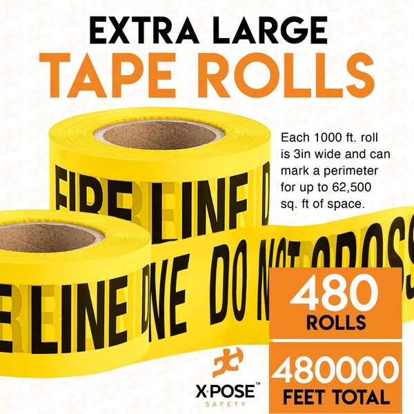 Xpose Safety Caution Tape, PVC, Fire Line Do Not Enter, Yellow, 3 in W., 1000 ft L., 480 PK - PFLT-HP480-X