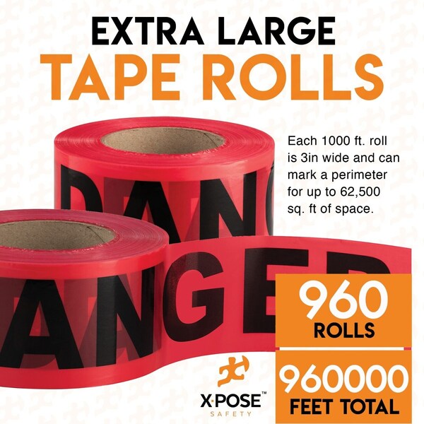 Xpose Safety Danger Tape, PVC, Danger Do Not Enter, Red, 3 in W., 1000 ft L., 960 PK - PDDNT-FP960-X
