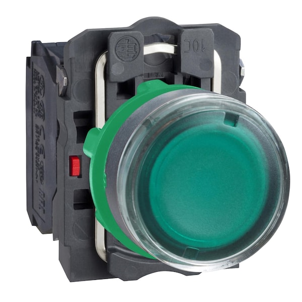Botón pulsador iluminado de Schneider Electric, Harmony XB5, plástico, empotrado, verde, 22mm, lente sencilla para bombilla BA9s, retorno por resorte, 220 a 240V AC, 1 NA + 1 NC - XB5AW3345.