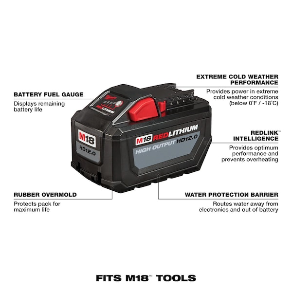 Milwaukee Tool M18 REDLITHIUM HIGH OUTPUT HD12.0 Battery, 12.0Ah, 18V, Li-Ion Battery - 48-11-1812