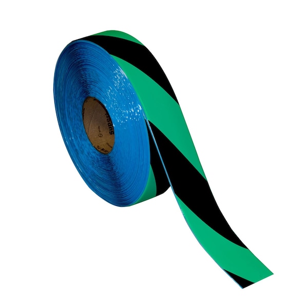 Superior Mark Floor Marking Tape, 2in x 100Ft , Black/Green Hazard Stripe - IN-50-216I