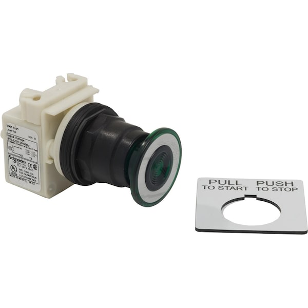 Cabeza de botón pulsador iluminado Square D, Harmony 9001SK, de plástico, tipo seta de 41mm, verde, de 30mm, 3 posiciones, retorno al centro, 110-120V - 9001SKR8P1G.