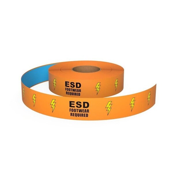 Ergomat Durastripe In-Line Printing 3in x 50ft Orange - ESD FOOTWEAR REQUIRED with Yellow Lightning Bolts - DSIL350-O-ESDFOOTWEARREQUIRED