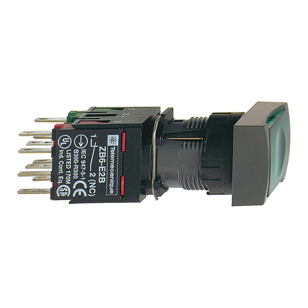 Botón de presión iluminado completo de Schneider Electric, Harmony XB6, verde rectángulo empotrado, 16mm, retorno por resorte, 1NA + 1NC, 12...24V - XB6DW3B5B
