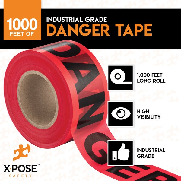 Xpose Safety Danger Tape, PVC, Danger, Red, 3 in W., 1000 ft L., 6 PK - PDT-6-X-S