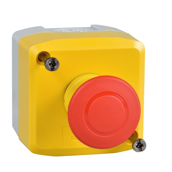 Estación de control Schneider Electric, Harmony XALD, XALK, plástico, amarillo, 1 botón de presión de hongo rojo de 40 mm, tirar para detener la emergencia 1 NC, sin marcar - XALK198.