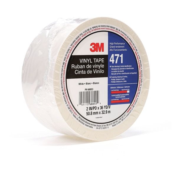 3M Floor Marking Tape, vinyl, No Legend, White, 2 in W., 5.2 mil Thickness - 471