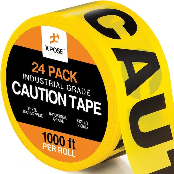 Xpose Safety Caution Tape, PVC, Caution, Yellow, 3 in W., 1000 ft L., 24 PK - PCT-24-X