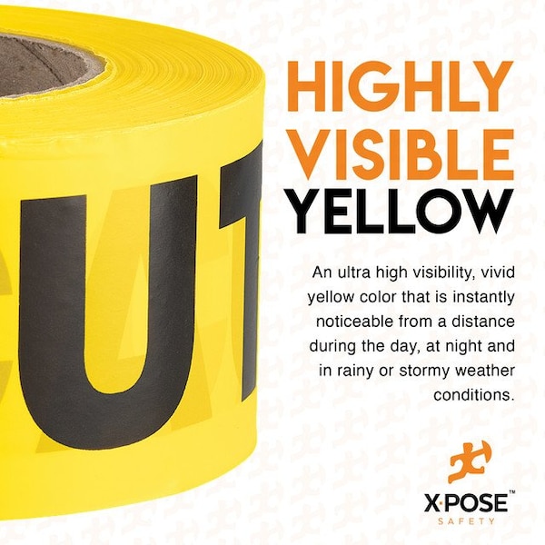 Xpose Safety Caution Tape, PVC, Caution, Yellow, 3 in W., 1000 ft L., 24 PK - PCT-24-X