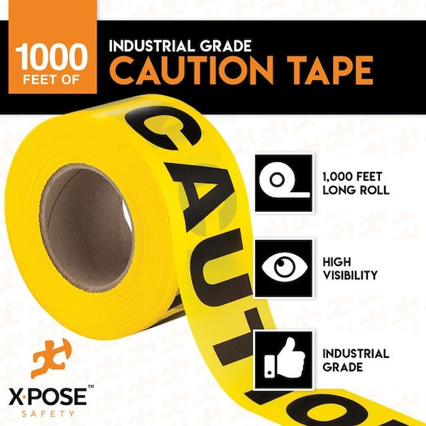 Xpose Safety Caution Tape, PVC, Caution, Yellow, 3 in W., 1000 ft L., 24 PK - PCT-24-X