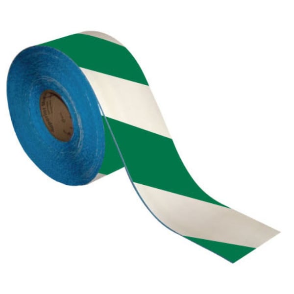 Superior Mark Floor Marking Tape, 4in x 100Ft , Green/White Hazard Stripe - IN-50-240I