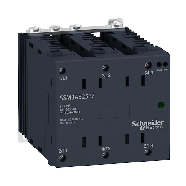 Schneider Electric Pre Ensamblado, Relés de Estado Sólido Harmony, 25A, montaje en riel DIN, conmutación aleatoria, entrada 4...32V DC, salida 48...600V AC - SSM3A325BDR