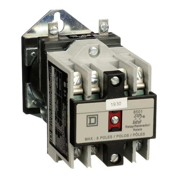 Relé de control NEMA Square D, Tipo X, herramienta de máquina, 10A resistivos a 600 VCA, 4 contactos normalmente abiertos, bobina de 115/125 VCD, cabeza de cacerola - 8501XDO40V62Y414