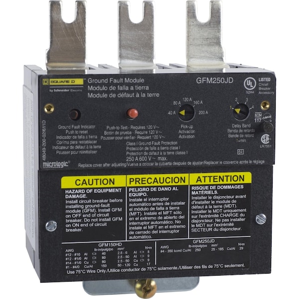 Módulo de falla a tierra Square D, PowerPacT J, Micrologic, módulos adicionales de falla a tierra, 40 a 200A - GFM250JD
