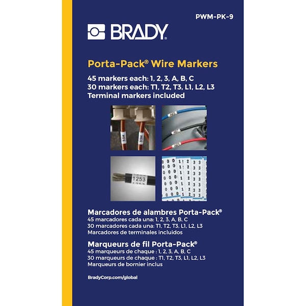 Brady Porta-Pack Wire Marker Book Legend: 1, 2, 3, A, B, C, T1, T2, T3, L1, L2, L3, 10PK - PWM-PK-9