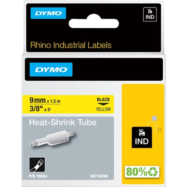 Dymo RHINO (R) Heat Shrink Tube Label 3/8" x 60"H, Black on Yellow - 18054