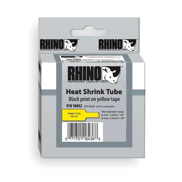 Dymo RHINO (R) Heat Shrink Tube Label 3/4" x 60"H, Black on Yellow - 18058