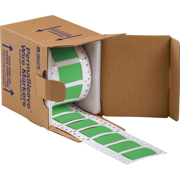 Brady PermaSleeve HX Heat Shrink Double Sided Wire Marking Sleeves, 0.75 in. x 2 in. W, Green, Roll of 100 - 2HX-750-2-GR-S
