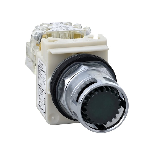 Botón pulsador iluminado, Harmony 9001K, metal, protector metálico plano, verde, 30mm, retorno por resorte, 120V, 1 contacto normalmente abierto - 9001K3L38GH13