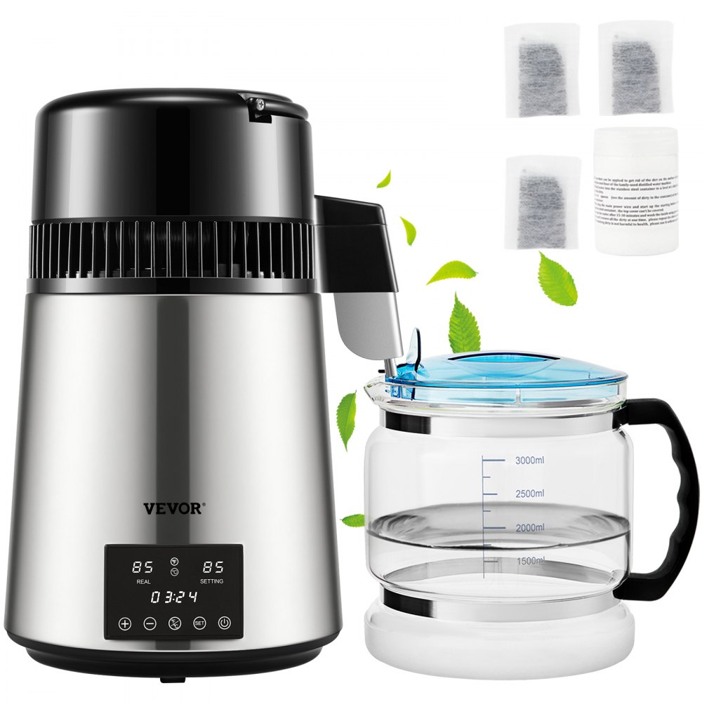 VEVOR 1.1Gal Water Distiller, 0.3Gal/H, 750W Distilled Water Maker Machine 0-99H Timing Dual Temp Display, 304 Stainless Steel Countertop Distiller Glass Carafe Cleaning Powder 3 Carbon Packs, Silver - DSDW1LH4L110V8WJBV1