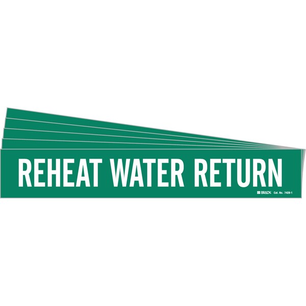 Brady REHEAT WATER RETURN Pipe Marker Style 1 White on Green 1 per Card, 5 PK - 7428-1-PK