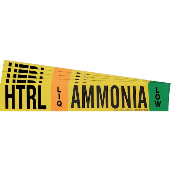 Brady AMMONIA HTRL LIQ LOW Pipe Marker Style 1HV BK, GN, OR on YL 1 per Card, 5 PK - 105783-PK
