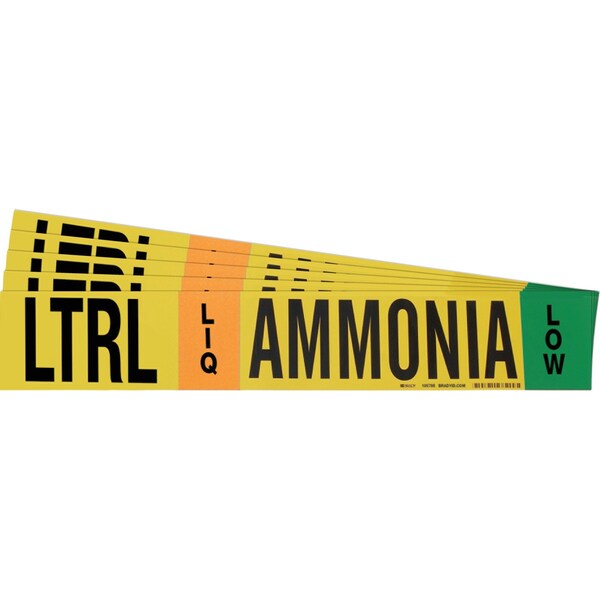 Brady AMMONIA LTRL LIQ LOW Pipe Marker Style 1HV BK, GN, OR on YL 1 per Card, 5 PK - 105795-PK