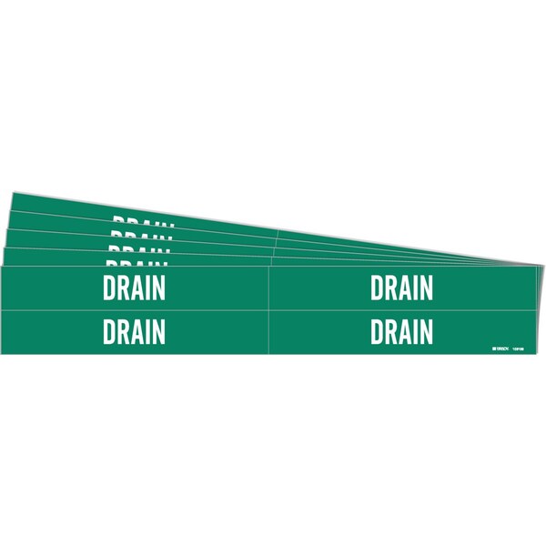 Brady DRAIN Pipe Marker Style 4 Polyester White on Green 4 per Card, 5 PK - 106109-PK